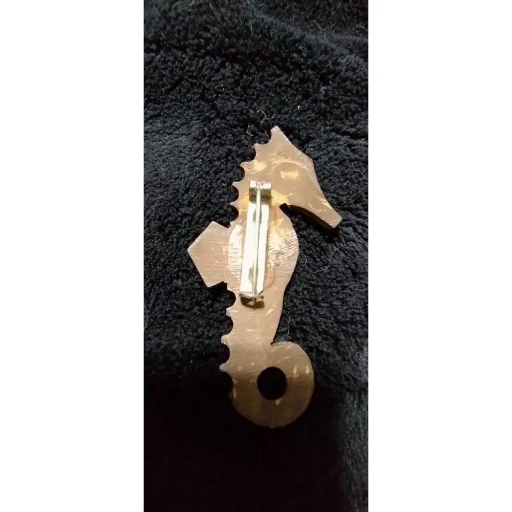 Vintage Hand Carved Seahorse Brooch Wooden Coastal Nautical Ocean Folk Art Pin